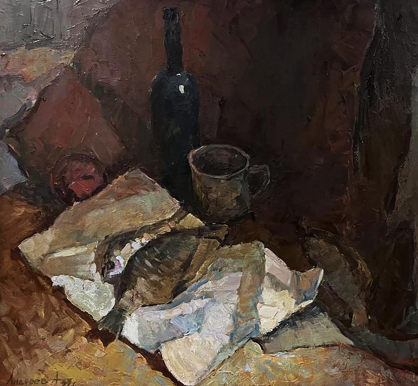 Oil painting Still life with fish by Oleksandr Andreev: dark green glass bottle with narrow neck and rounded shoulders on textured surface next to cup
