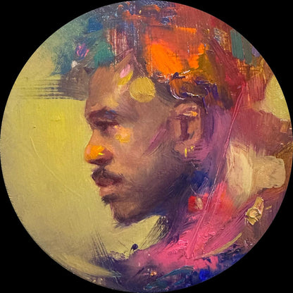 Vibrant circular oil painting Life of the Party by Annam Butt man profile