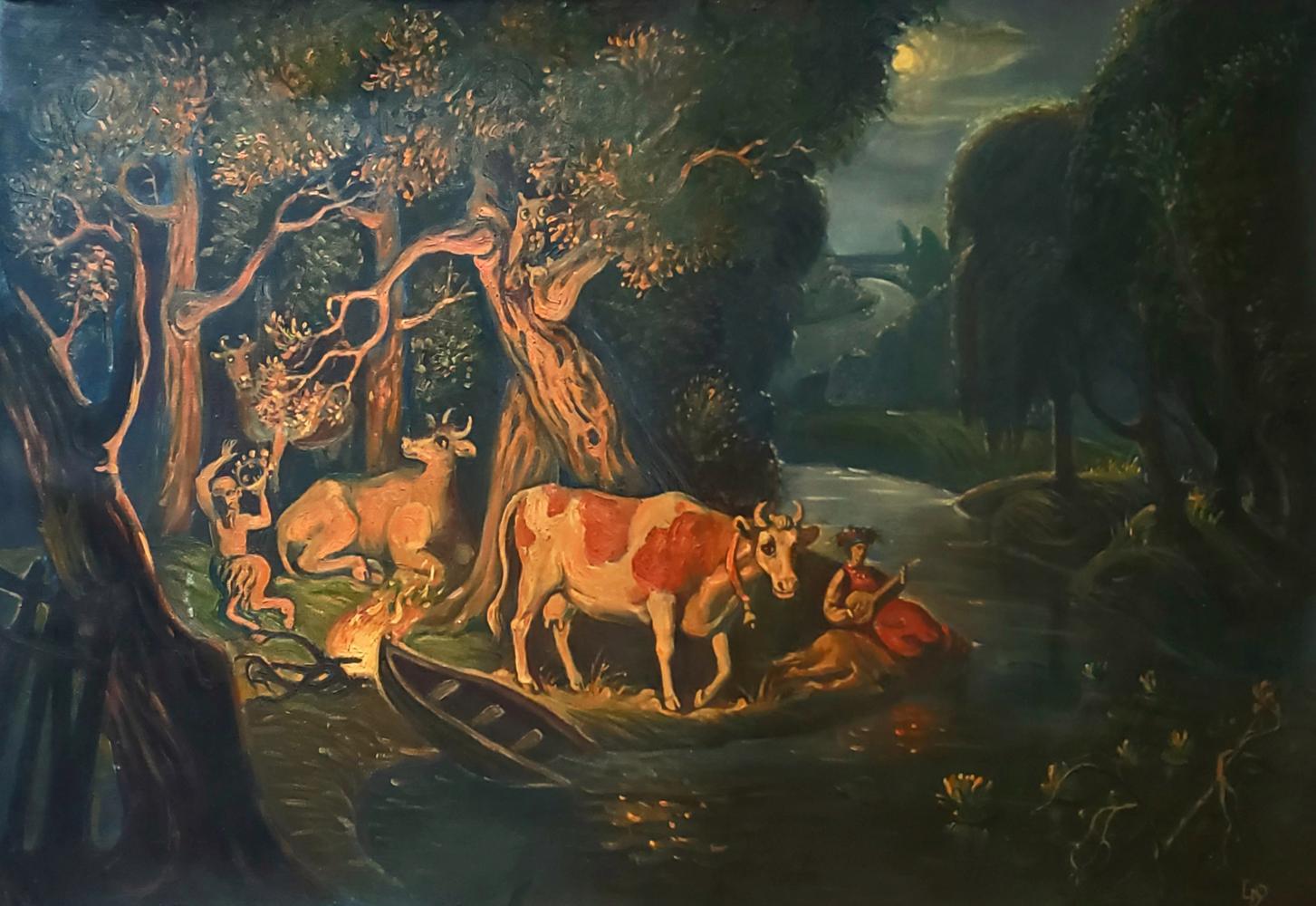 Rustic oil painting of fairytale night in forest with cows by river under moonlight by Daniil Litvinov