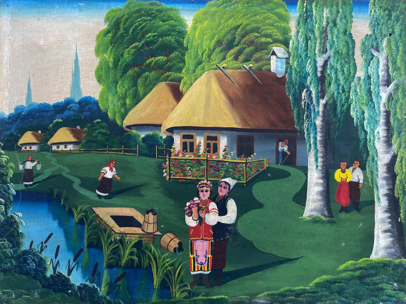 Vibrant folk oil painting of pastoral village holiday party scene