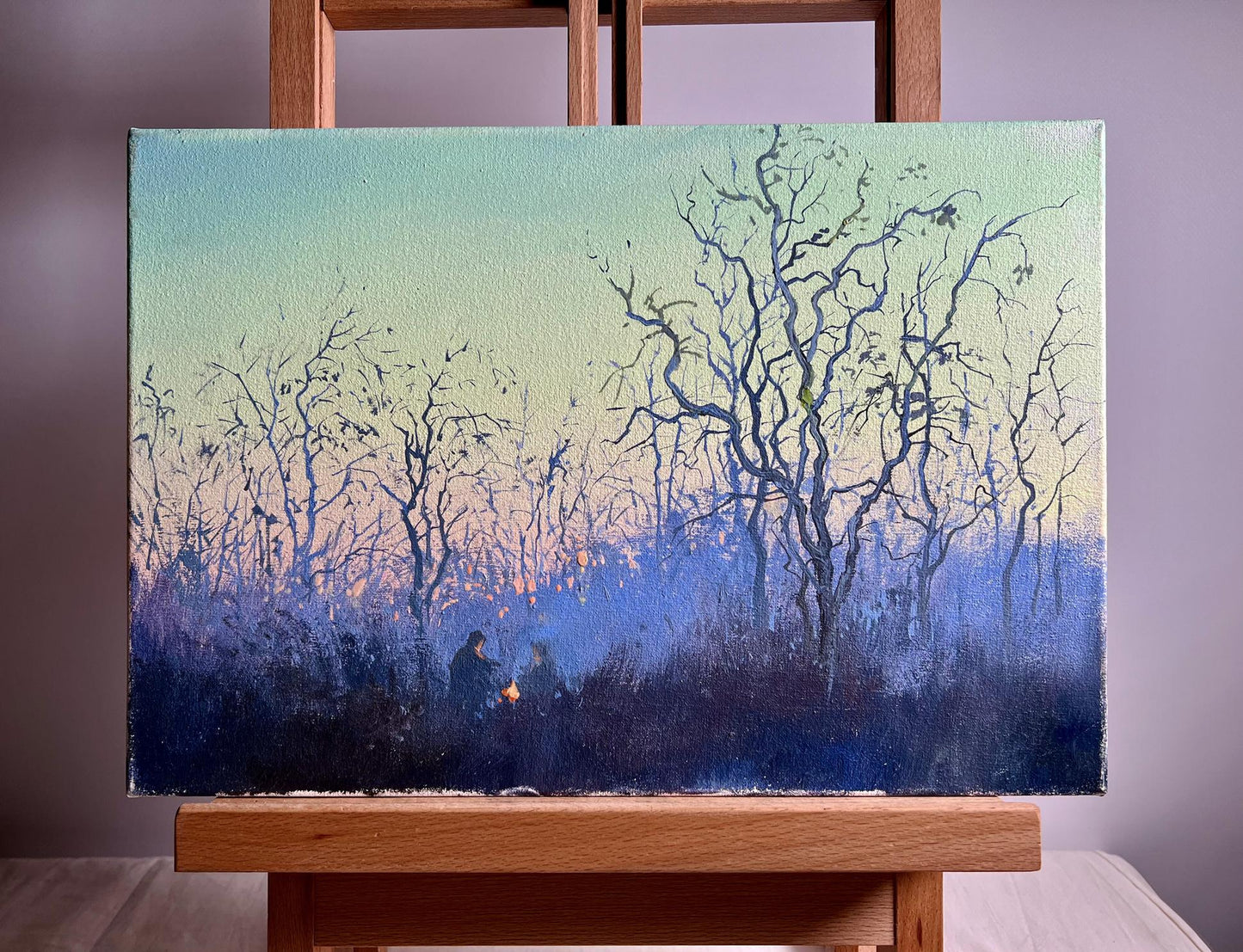 Serene oil painting Quiet Gatherings Around the Fire by Tatyana Derdey