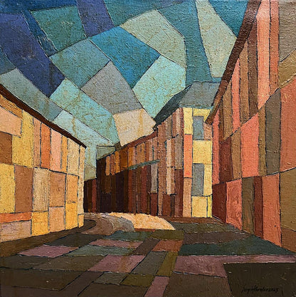 Abstract oil painting of narrow city alley by Serhiy Kovalev