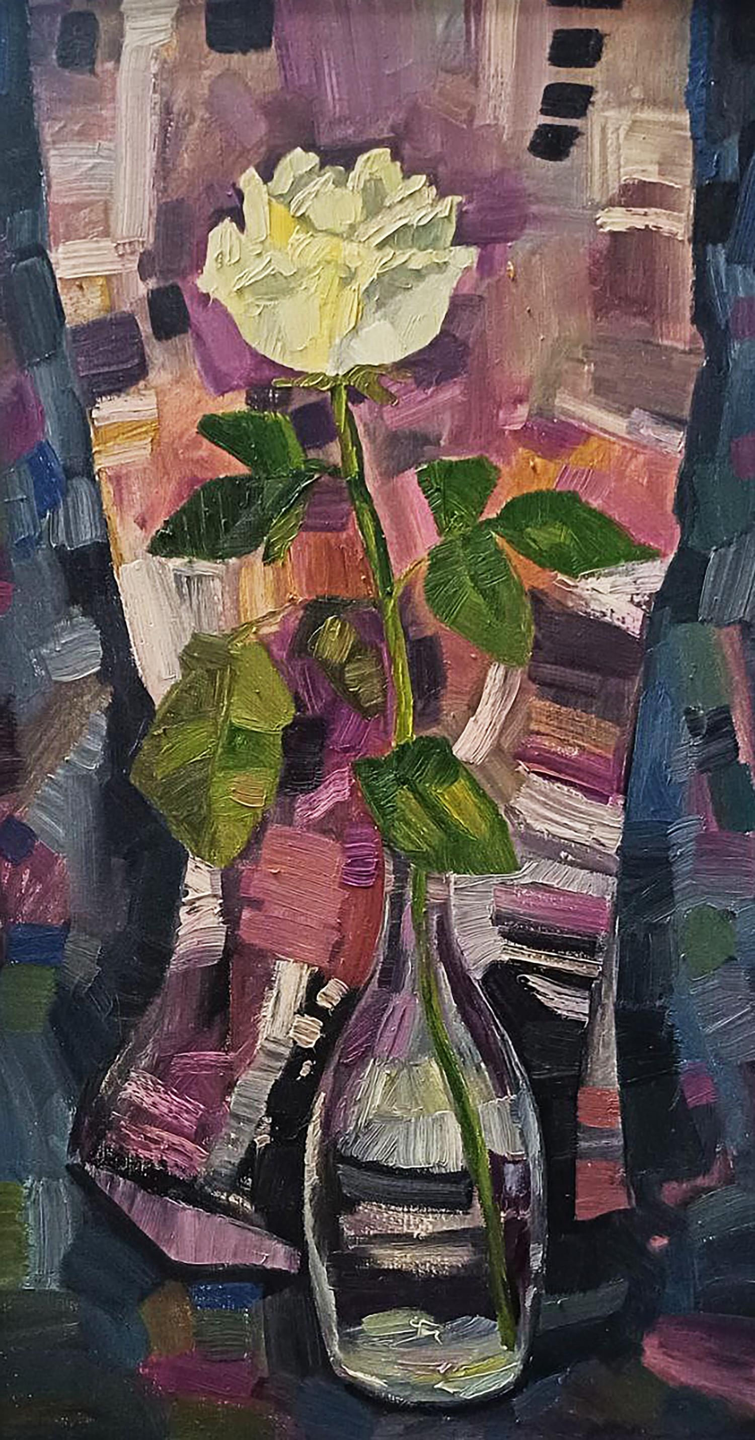 Oil painting of white rose with green leaves in glass vase by Tatyana Shulyak