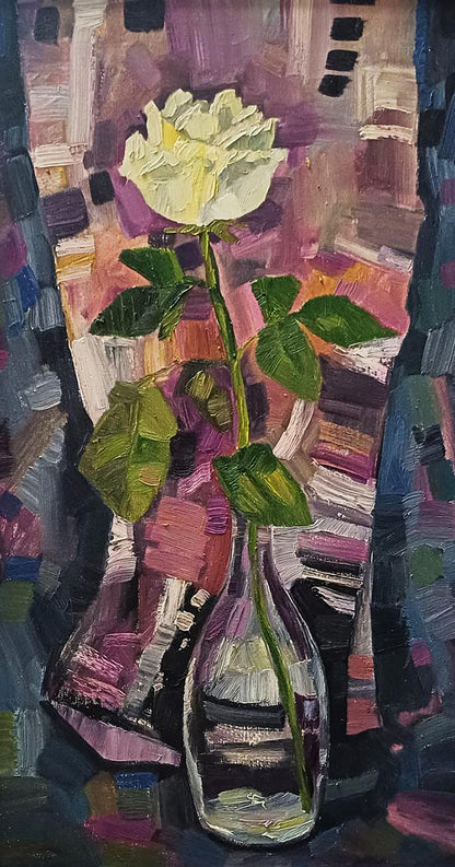 Oil painting of white rose with green leaves in glass vase by Tatyana Shulyak