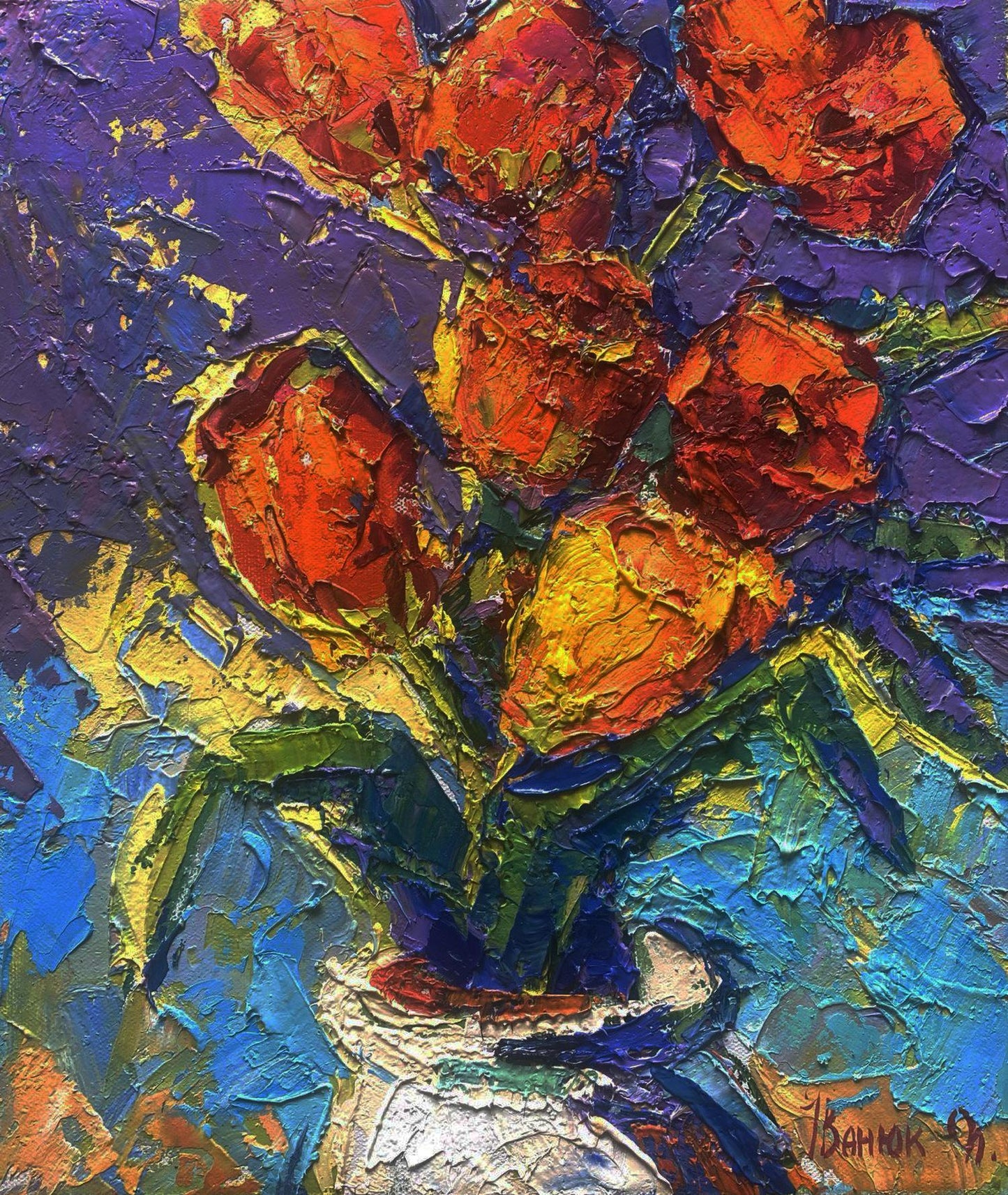 Oil painting of vibrant orange yellow tulips in white vase by Oleksiy Ivanyuk
