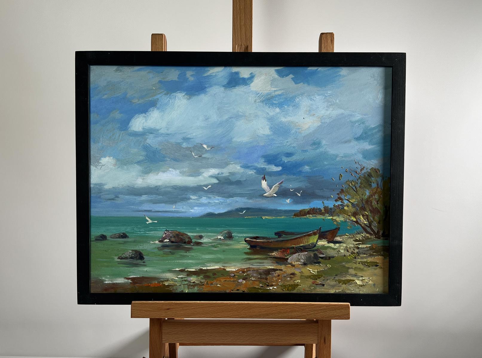 Framed Oil painting Bound by the Current by Yuriy Suprunchuk coastal scene