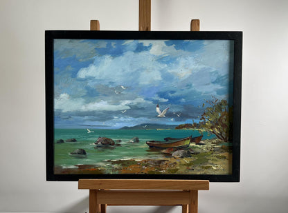 Framed Oil painting Bound by the Current by Yuriy Suprunchuk coastal scene