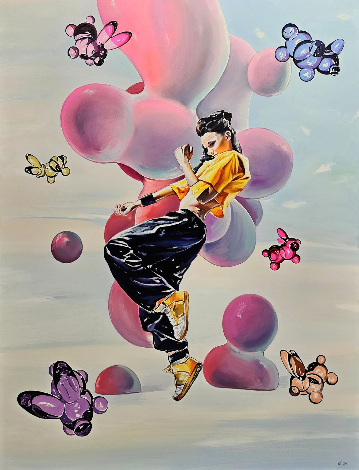 Vibrant oil painting of TikTok girl dancing by Igor Konovalov amid pink balloons