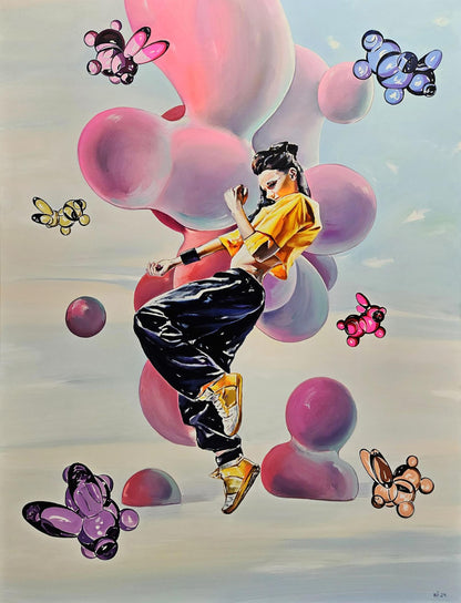 Vibrant oil painting of TikTok girl dancing by Igor Konovalov amid pink balloons
