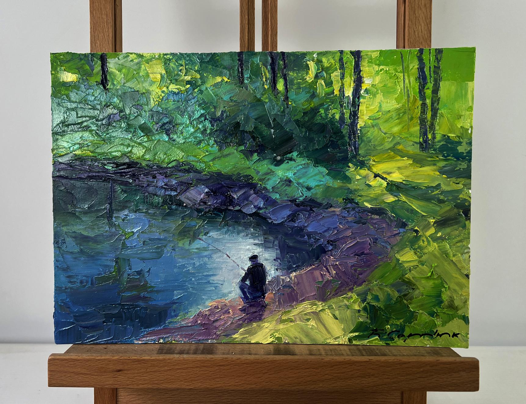 Oil painting Quiet morning by the river by Boris Serdyuk, impressionist fisherman by pond