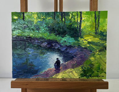 Oil painting Quiet morning by the river by Boris Serdyuk, impressionist fisherman by pond