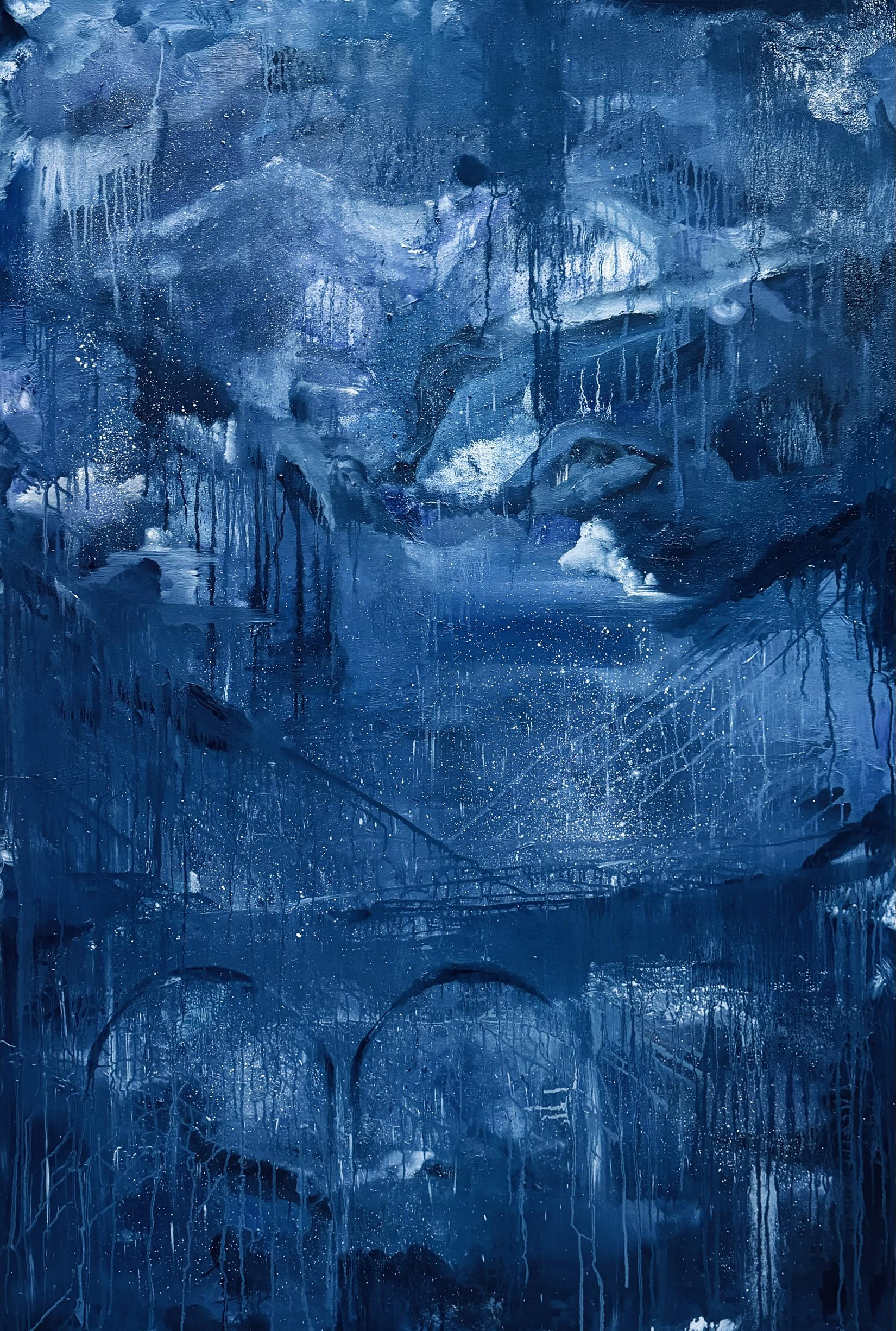 Abstract blue oil painting of Future city by Victoria Kagalovska