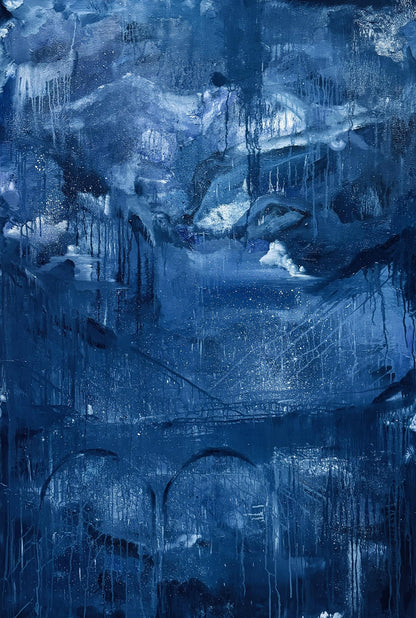 Abstract blue oil painting of Future city by Victoria Kagalovska