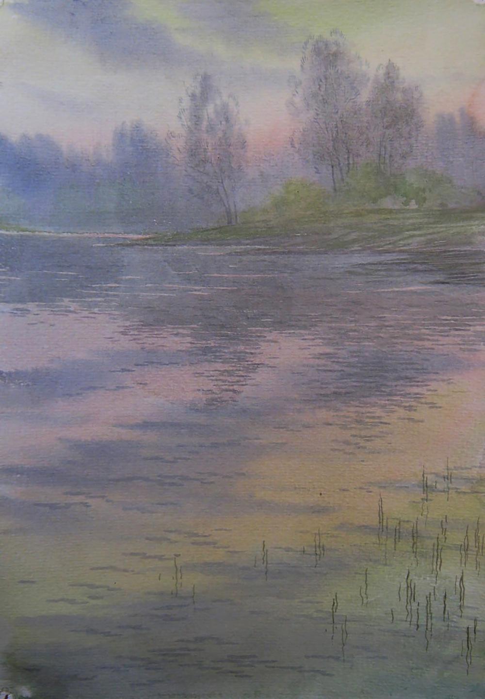 Soft watercolor painting of Morning river by Valery Savenets at dawn
