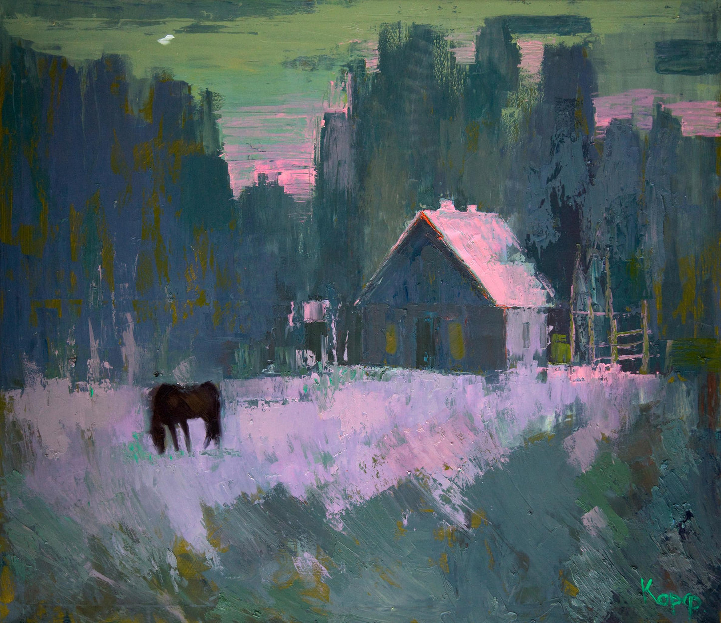 Oil painting Fog in the forest by Natalia Korf-Ivaniuk: dark brown horse in snowy field