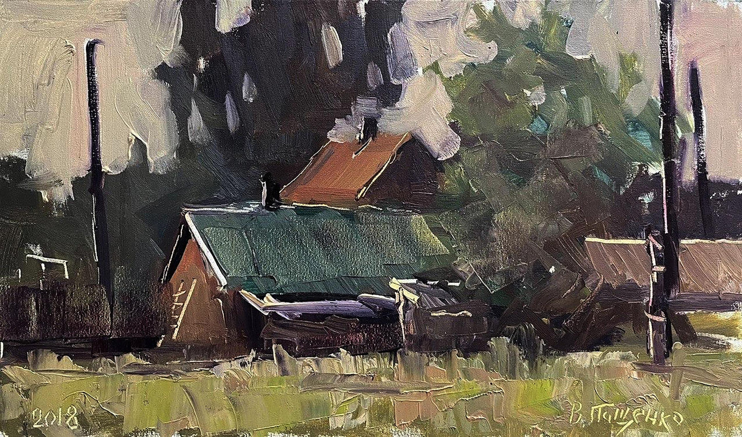 Impressionistic oil painting of rustic barn by Volodymyr Pashchenko