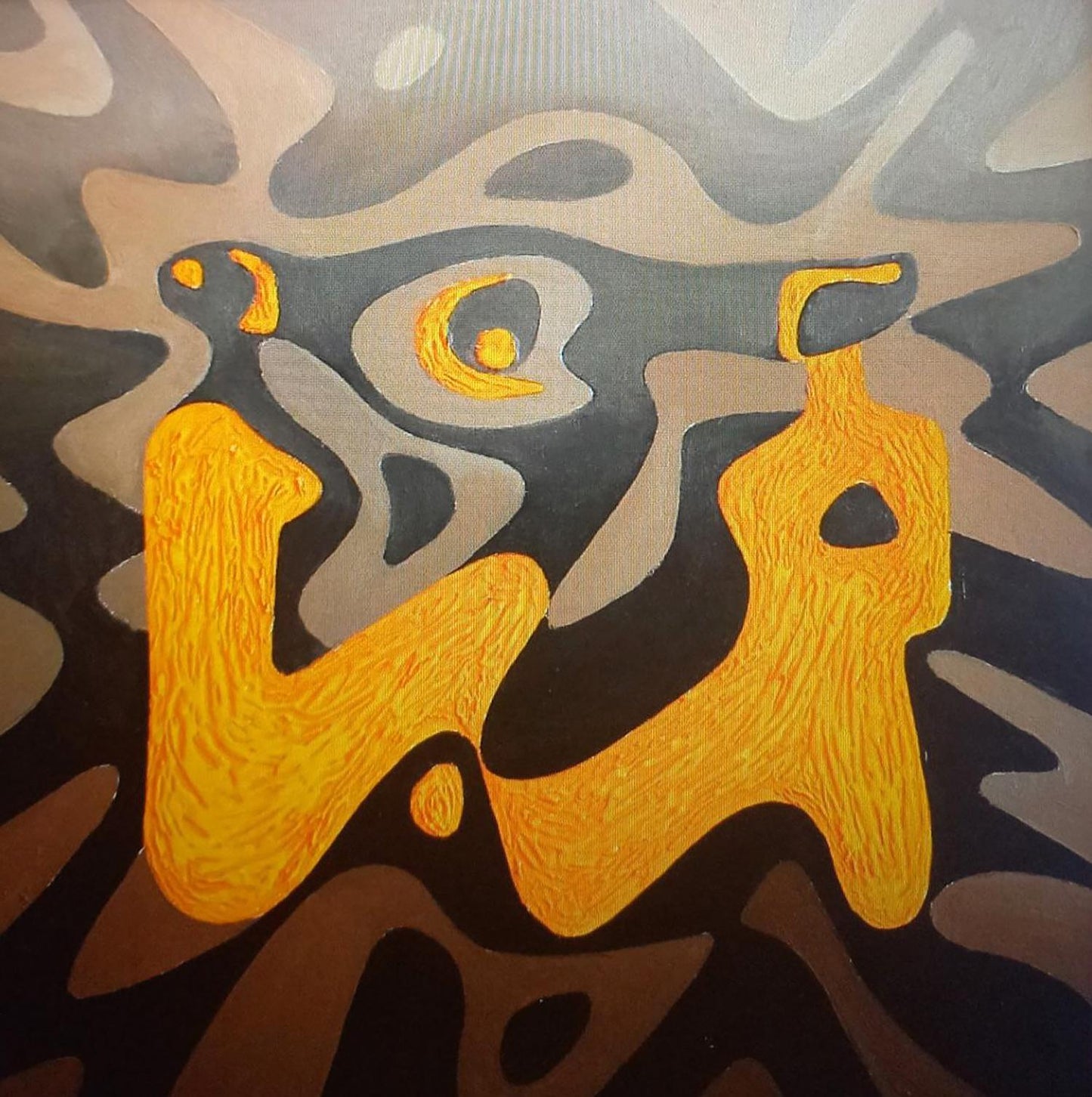 Oil painting Conducting a Dialogue by Alexander Strashevich: bold golden-yellow forms on swirling dark gray and brown background