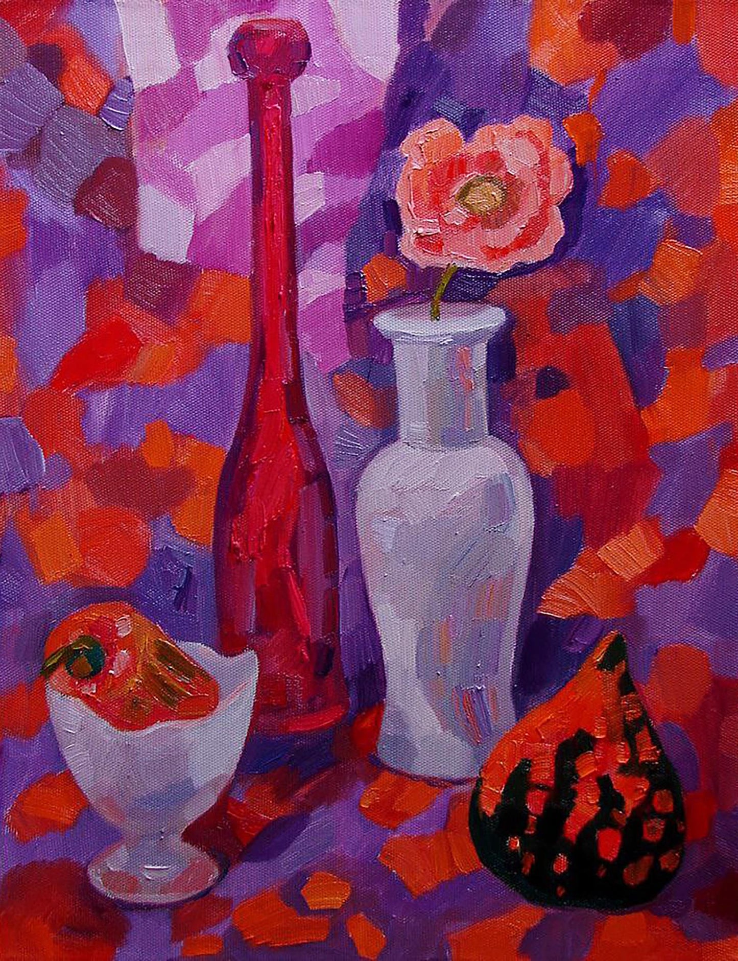 Oil painting Delicate flower by Tatyana Shulyak in vibrant red glass bottle