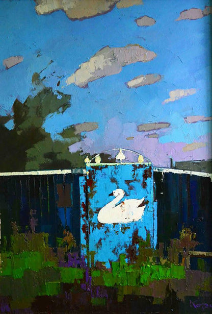 White swan oil painting by Natalia Korf-Ivaniuk on weathered blue fence