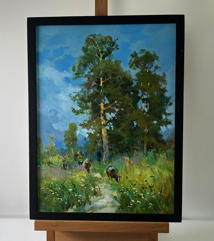 Oil painting Summer road to the forest by Yuriy Suprunchuk in black frame