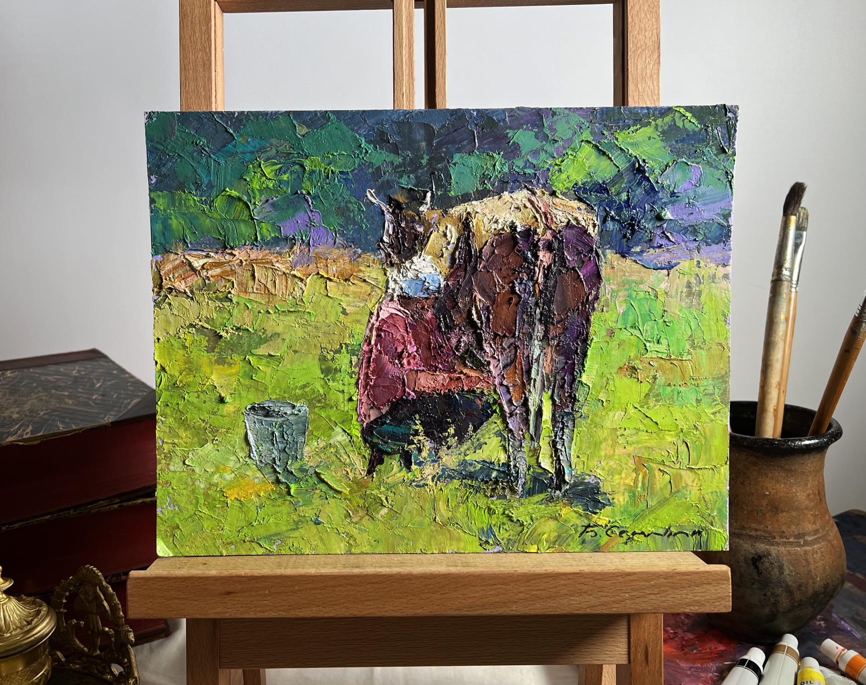 Oil painting Lunch milking Boris Serdyuk: textured cow in vibrant green field