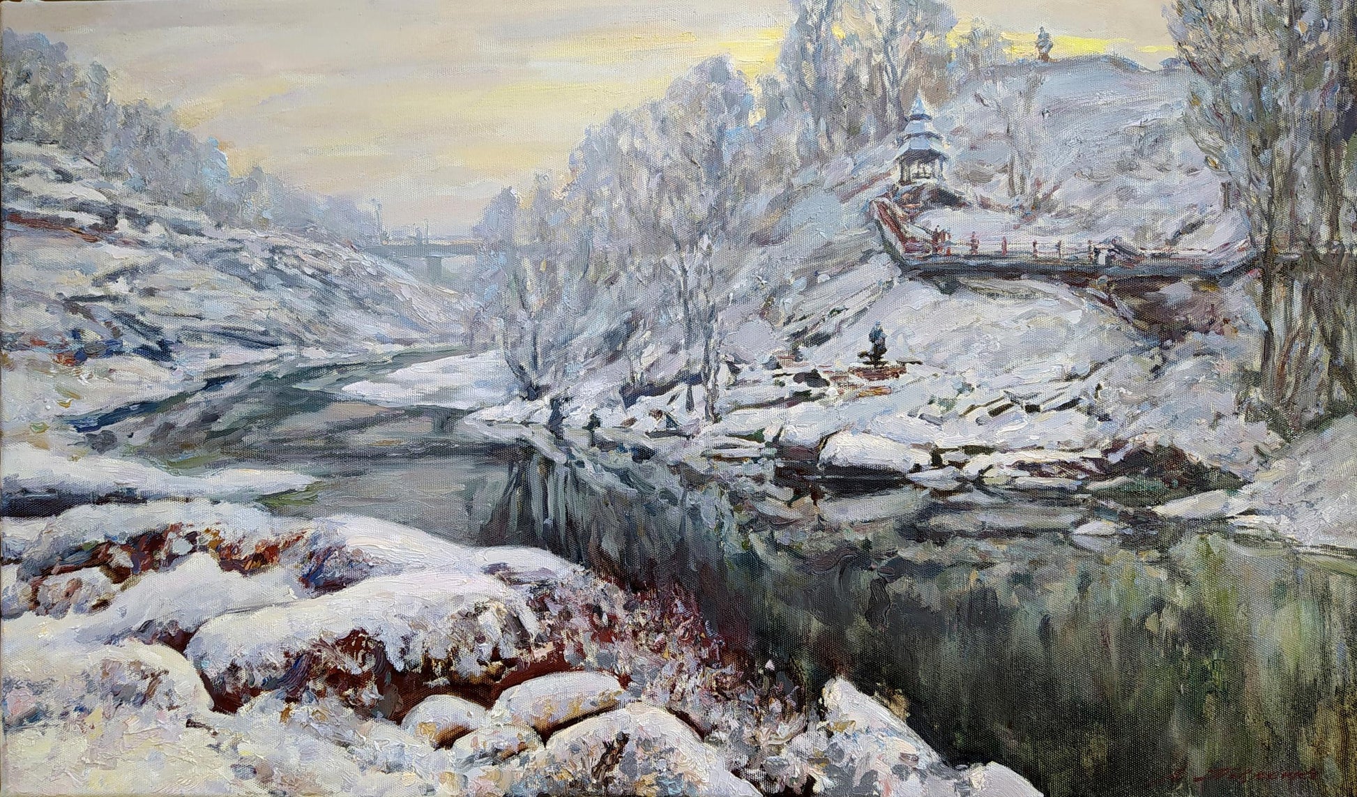 Oil painting Winter on the River by Leonid Pavlenko: snowy rocky riverbank