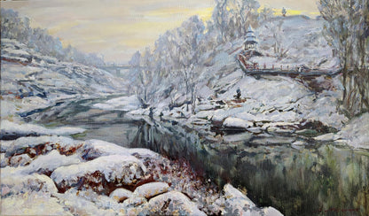Oil painting Winter on the River by Leonid Pavlenko: snowy rocky riverbank