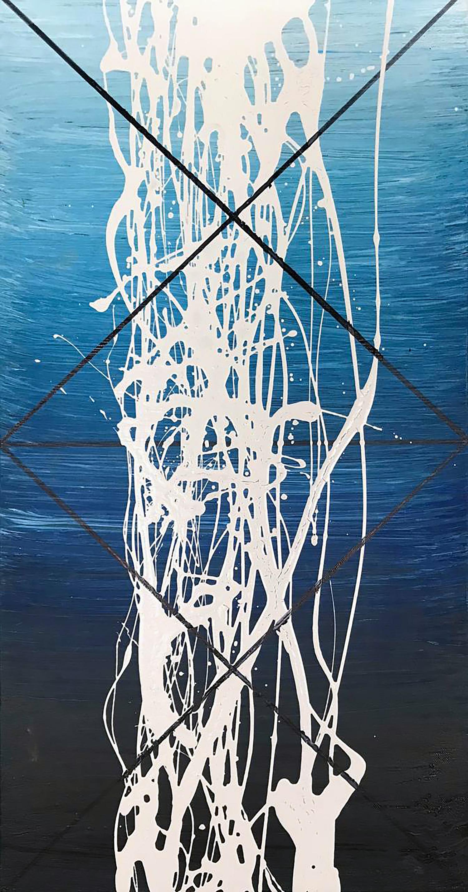 Acrylic painting Energy by Olga Melezhik: white splatters on blue gradient