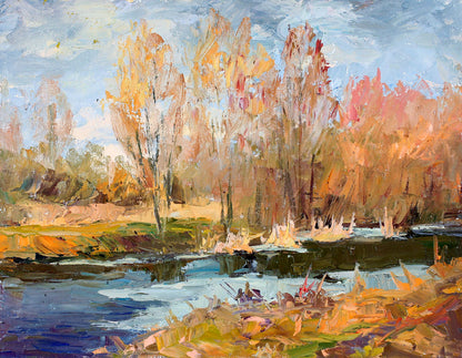 Oil painting The first ice by Boris Serdyuk: autumn trees by reflective river