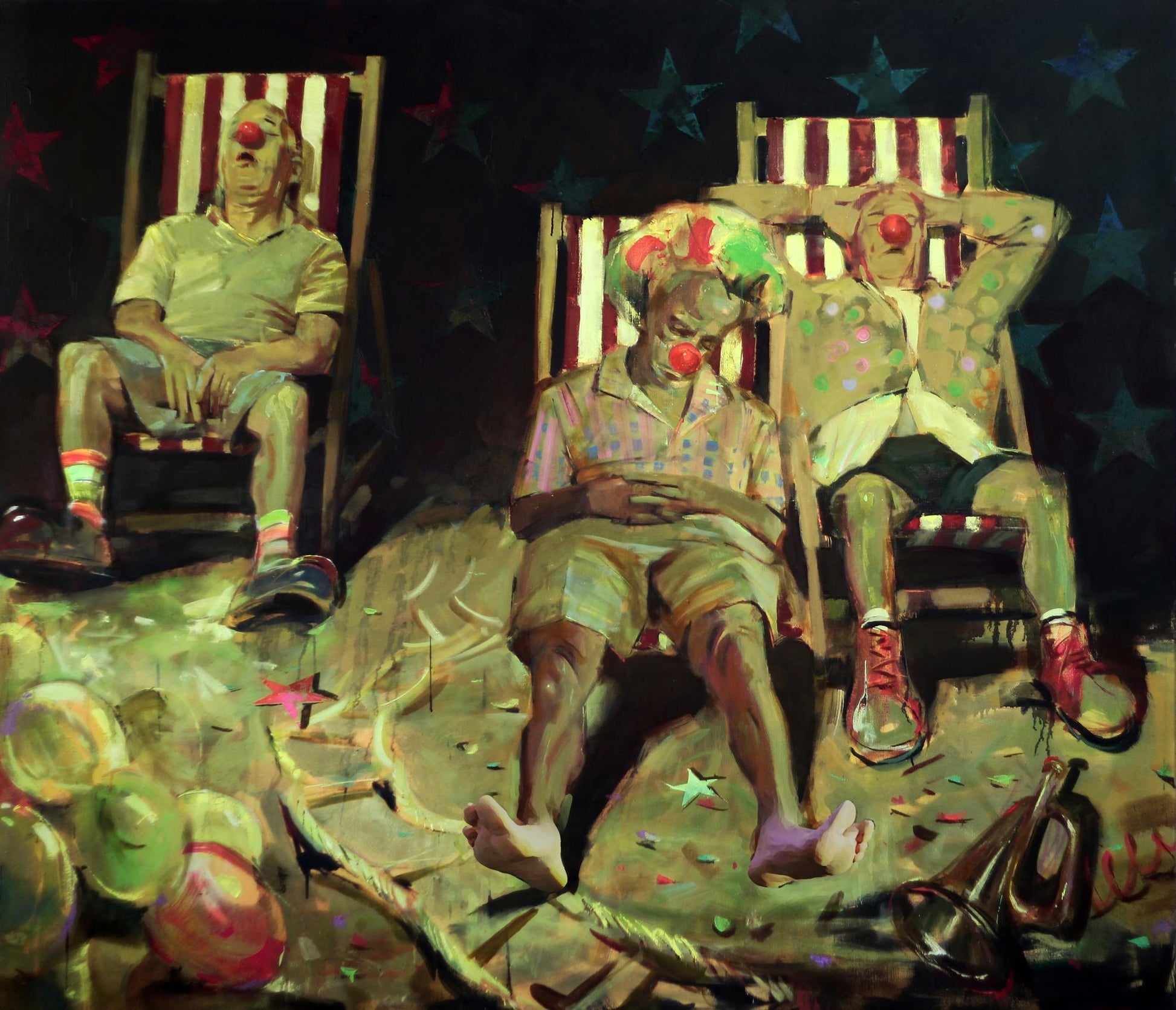 Oil painting Happy time by Ed Potapenkov: three clowns in striped deck chairs