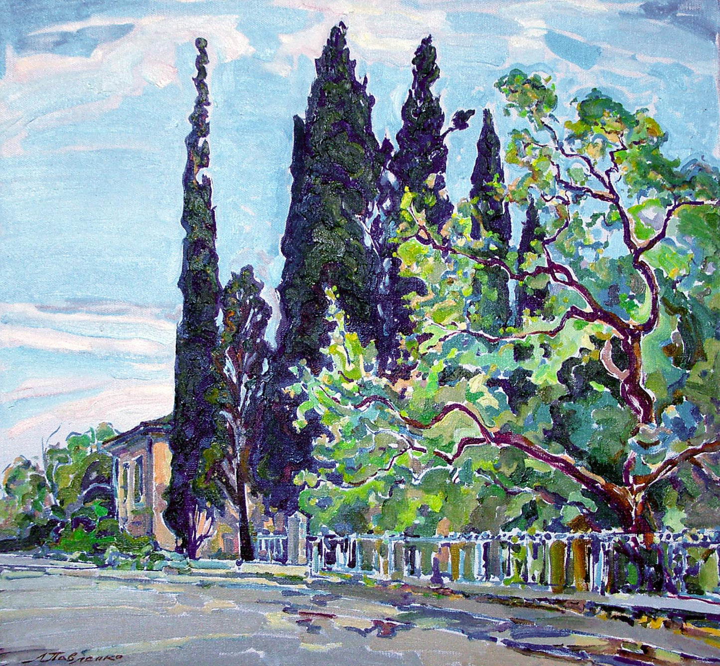 Oil painting landscape with cypress trees by Leonid Pavlenko