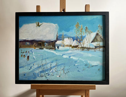 Framed oil painting Village Winter Tale by Yuriy Suprunchuk snowy village scene