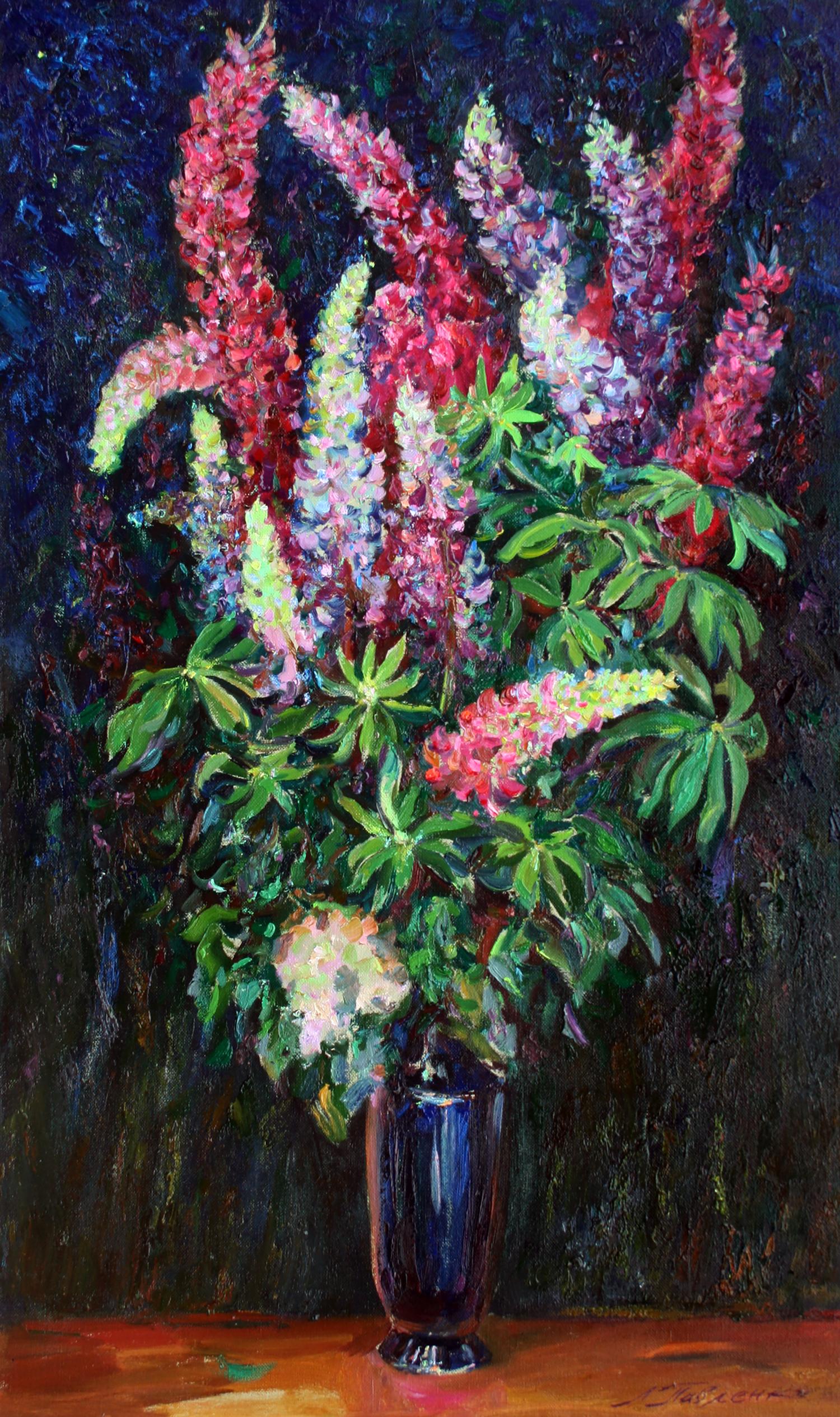 Oil painting of vibrant tall colorful lupines in dark blue vase by Leonid Pavlenko