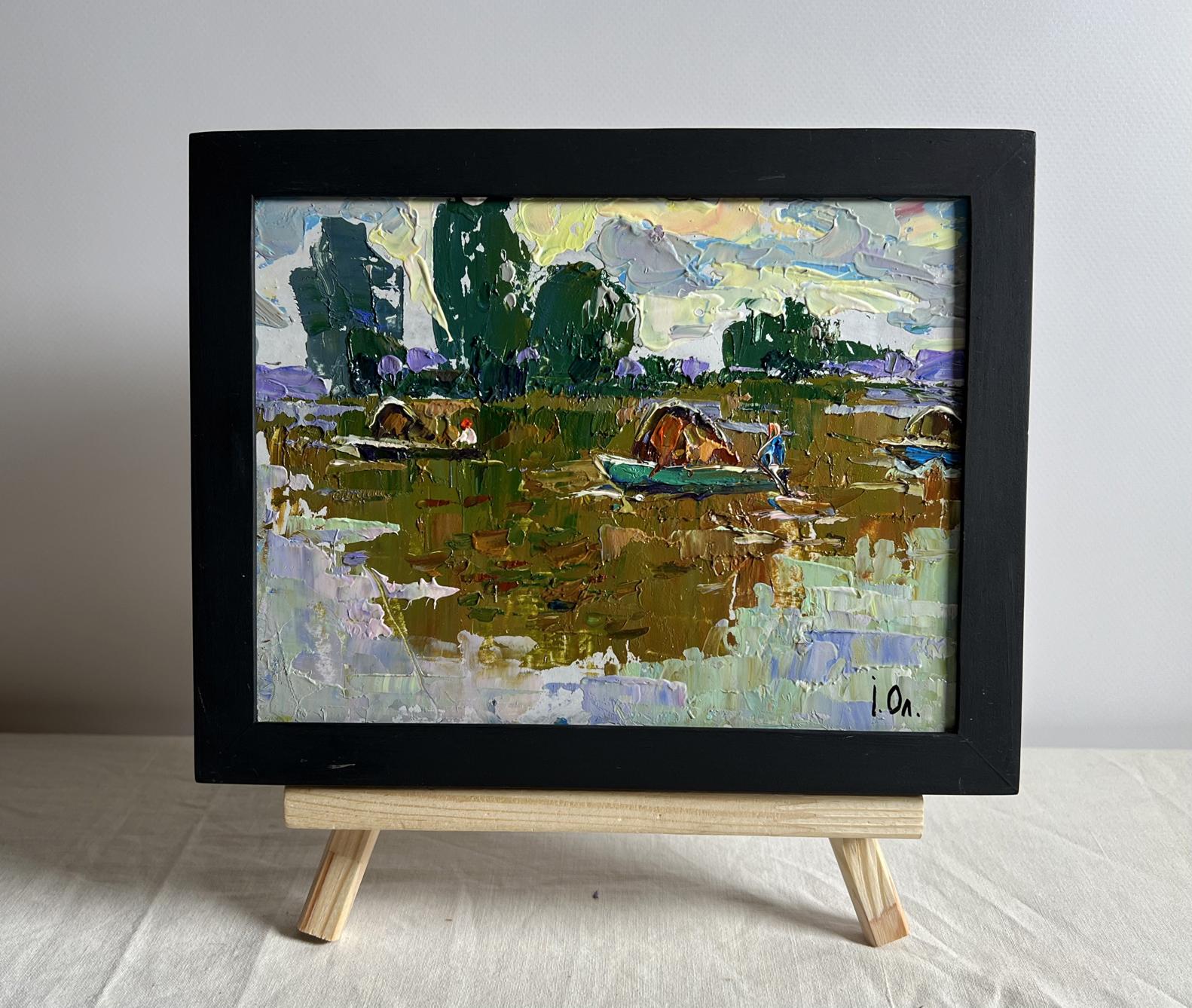 Framed impressionist oil painting Hay transportation by boats by Oleksiy Ivanyuk