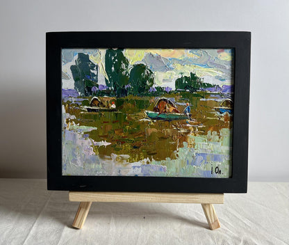 Framed impressionist oil painting Hay transportation by boats by Oleksiy Ivanyuk