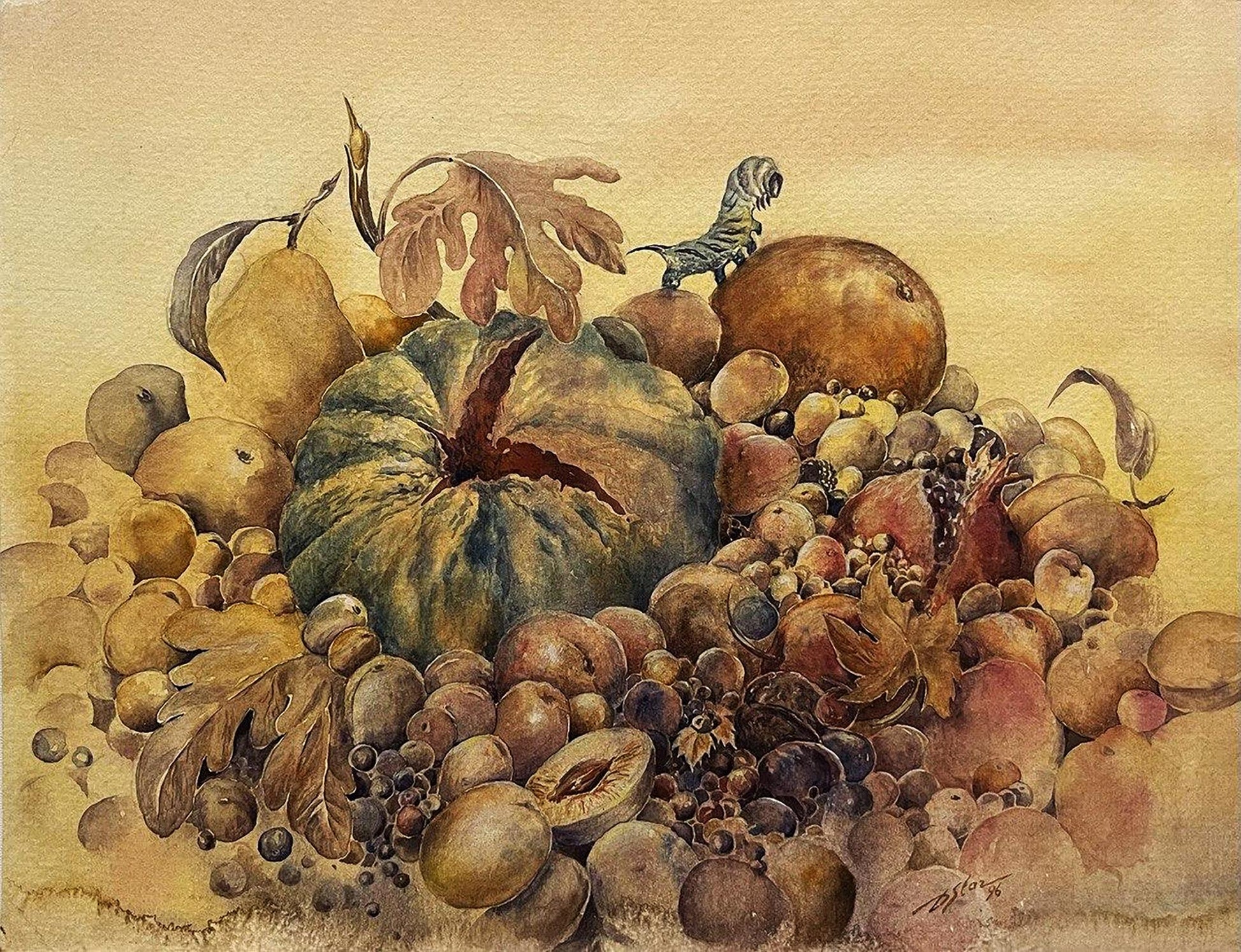 Watercolor still life painting of textured pumpkin with autumn fruits by Dmytro Startsev