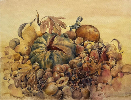 Watercolor still life painting of textured pumpkin with autumn fruits by Dmytro Startsev