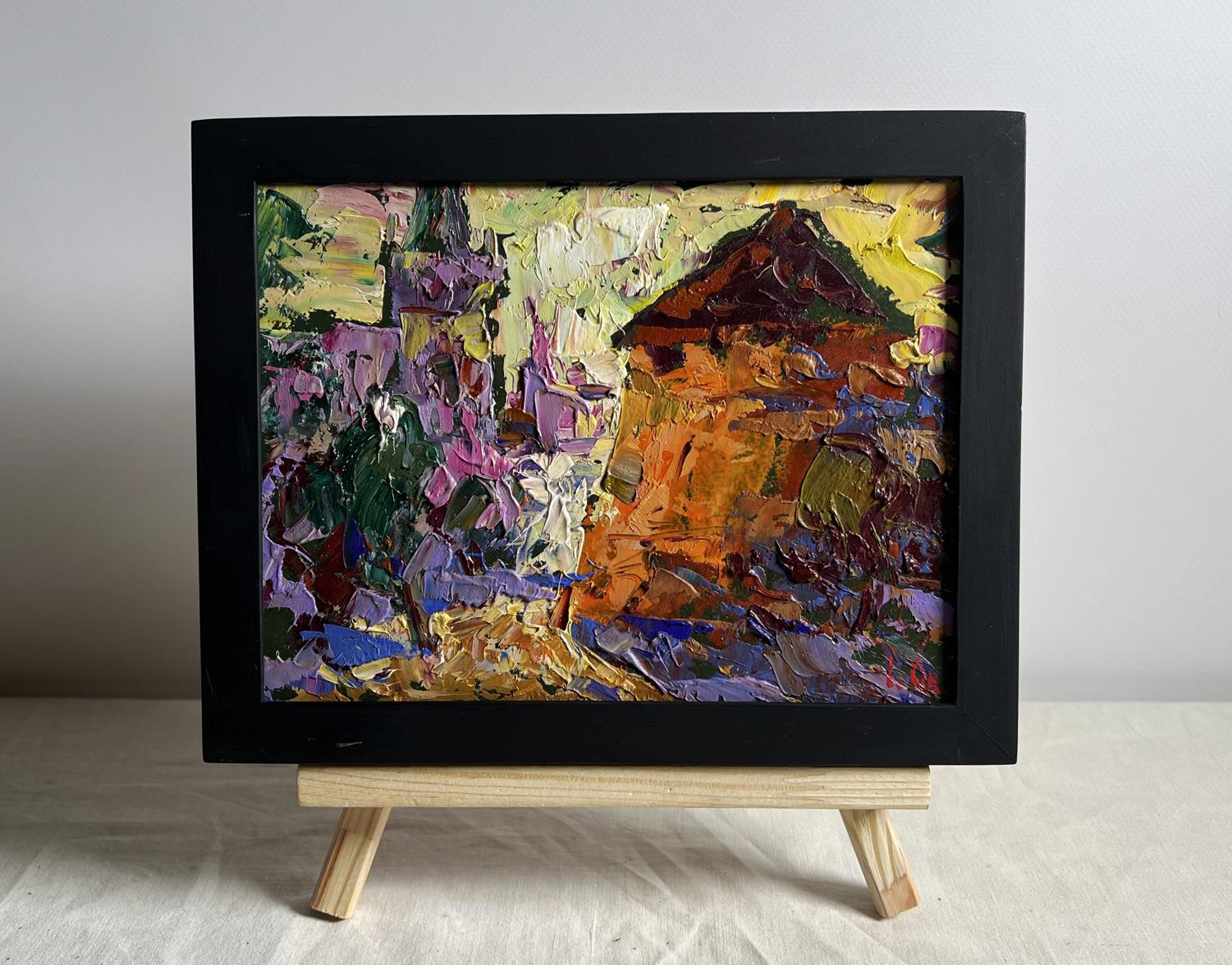 Oil painting of Round Tower of old fortress by Oleksiy Ivanyuk in black frame