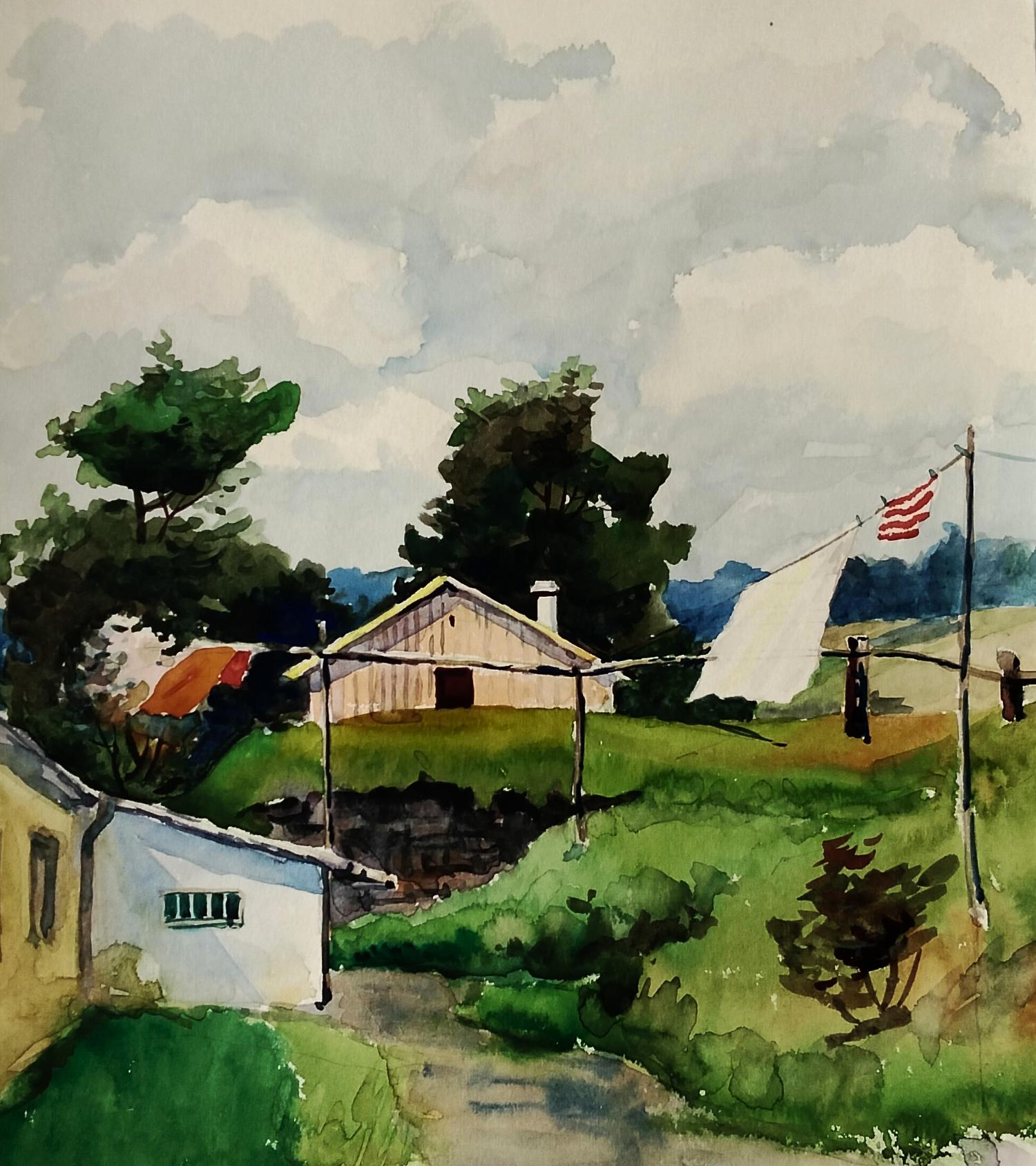 Watercolor painting Time gently slows down by Vitaly Duhnevich, rustic countryside scene