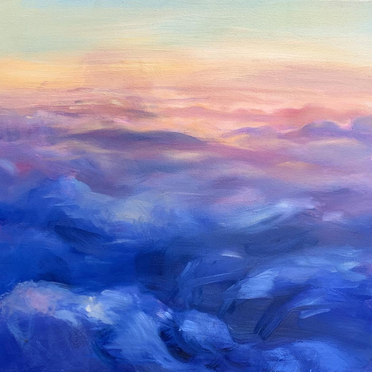 Impressionistic oil painting Soaring in the Clouds by Tatyana Derdey, pink blue dusk sky