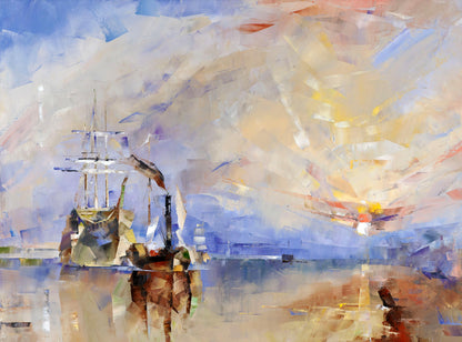 Oil painting Shining Volodymyr Gluhomanyuk: tall ship in vibrant sky
