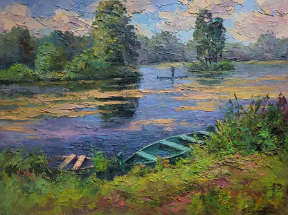 Oil painting by Boris Serdyuk: weathered green rowboat on grassy bank by calm pond