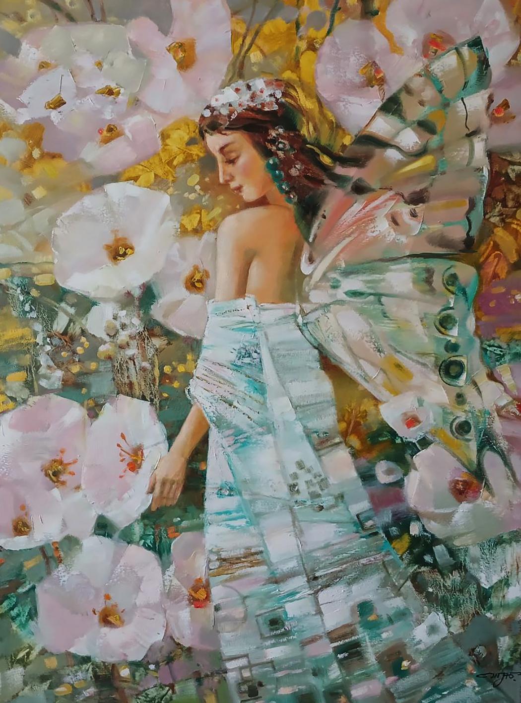Abstract oil painting of woman with butterfly wings in spring flowers by Anatoly Tarabanov