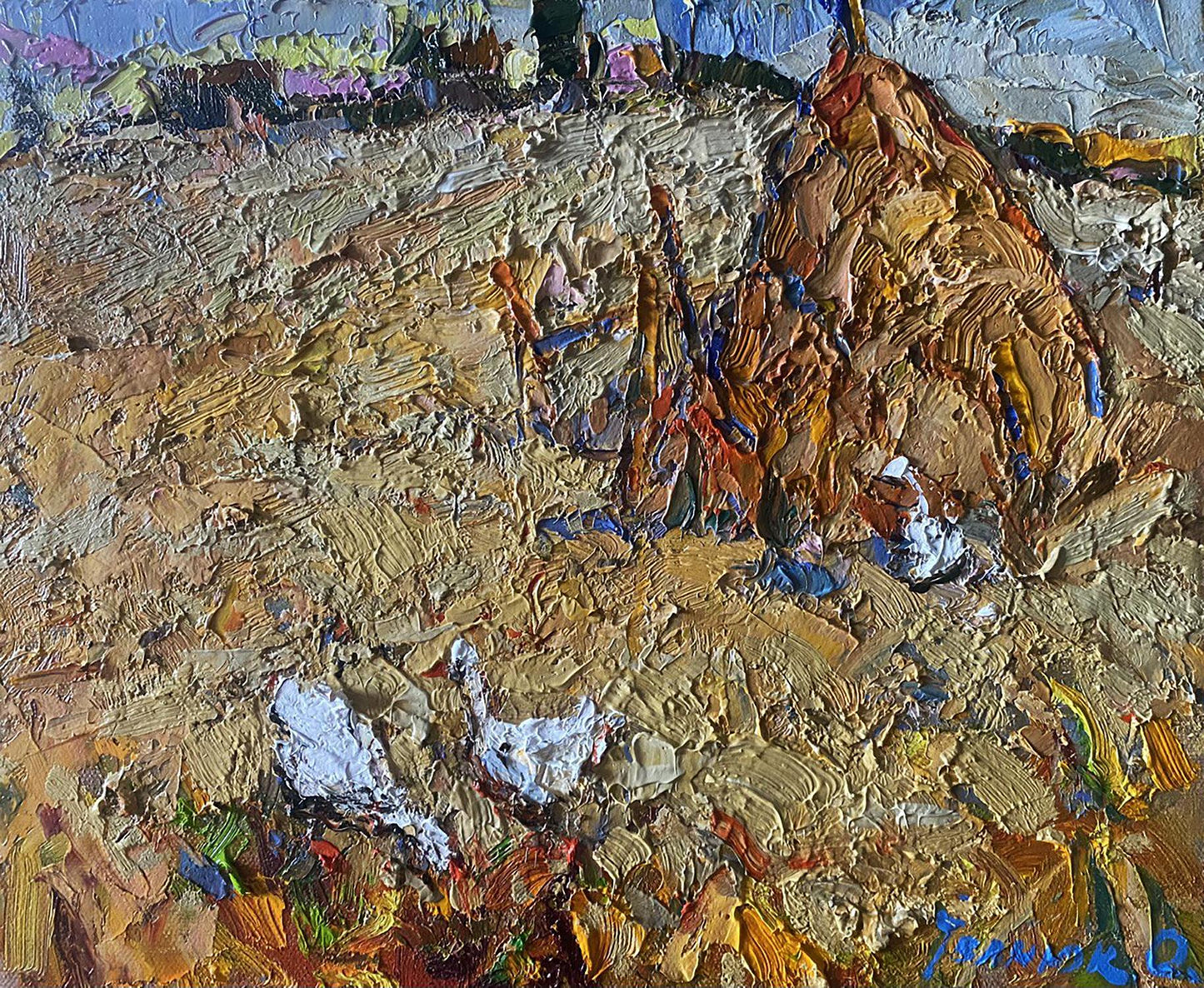 Impasto oil painting of geese in fields by Oksana Ivanyuk