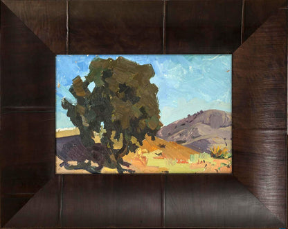 Oil painting In the Mountains by Oleksandr Andreev, stylized tree in frame