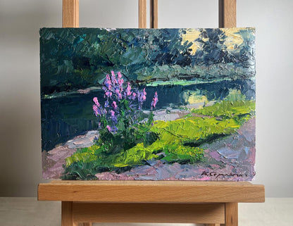 Oil painting Near the summer river by Boris Serdyuk purple flowers field