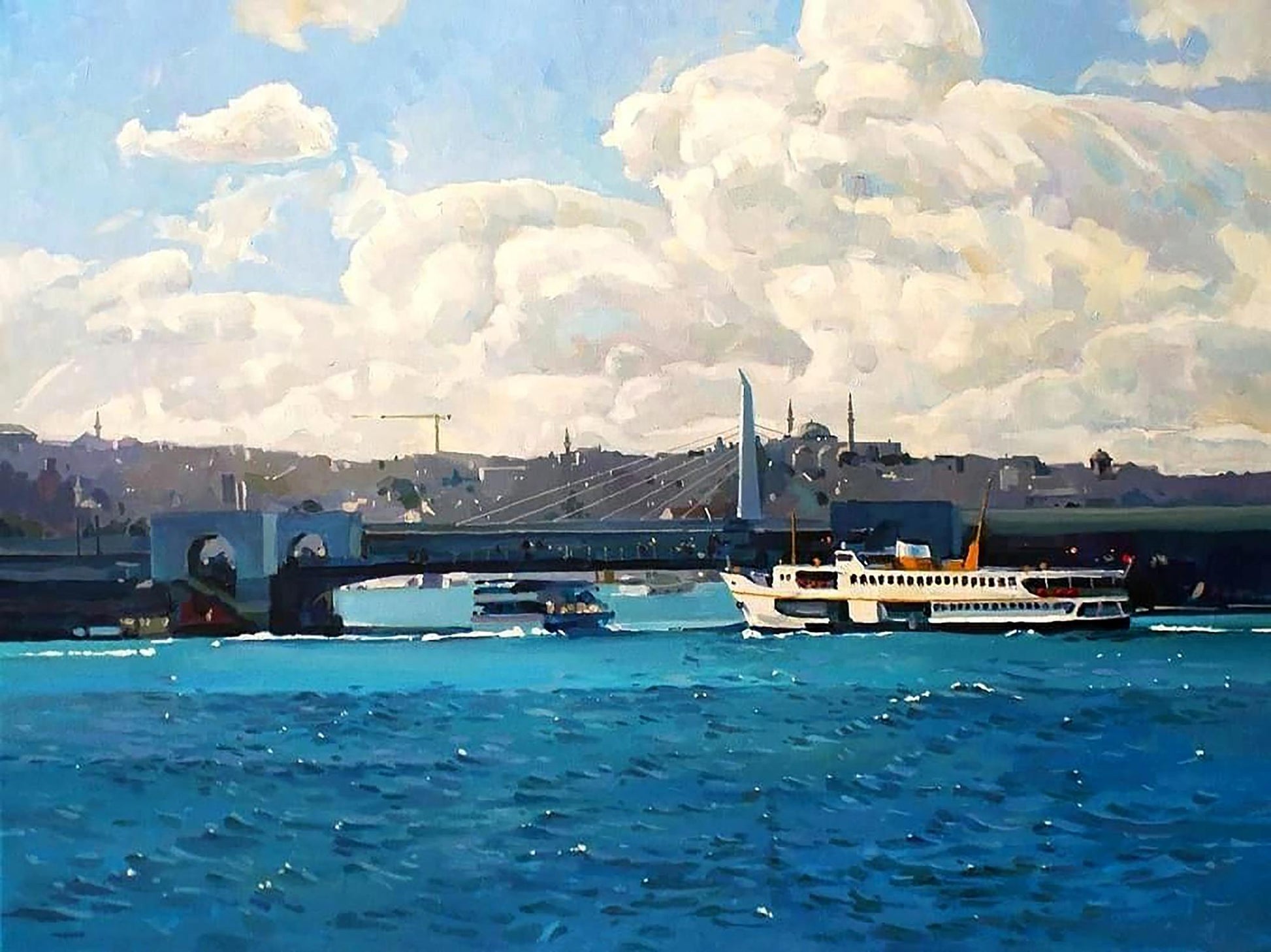 Oil painting by Anastasia Yaroshevich: white orange ferry under bridge on blue water