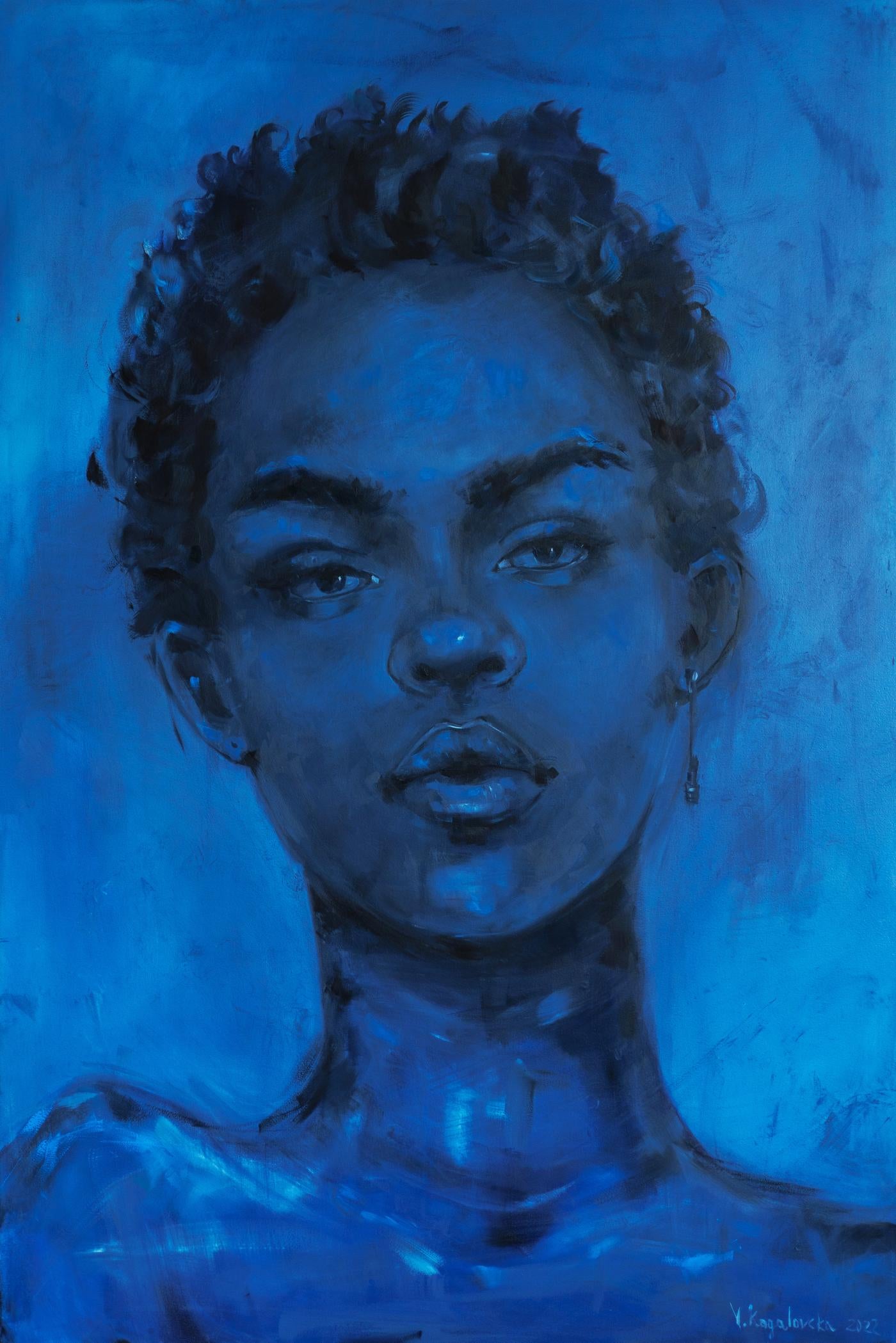 Blue-toned oil portrait of Calm Victoria Kagalovska with curly hair, earring