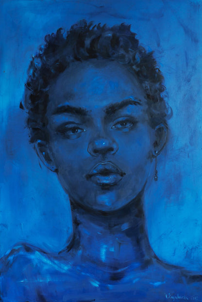 Blue-toned oil portrait of Calm Victoria Kagalovska with curly hair, earring