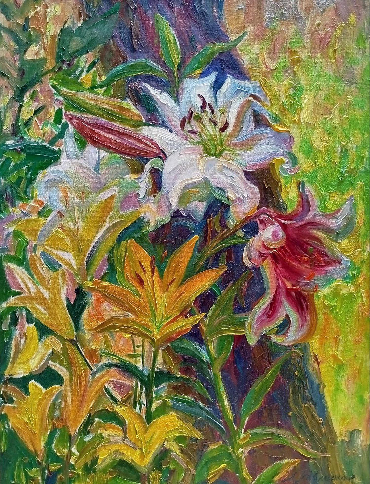Vibrant impressionist oil painting of blooming lilies by Leonid Pavlenko
